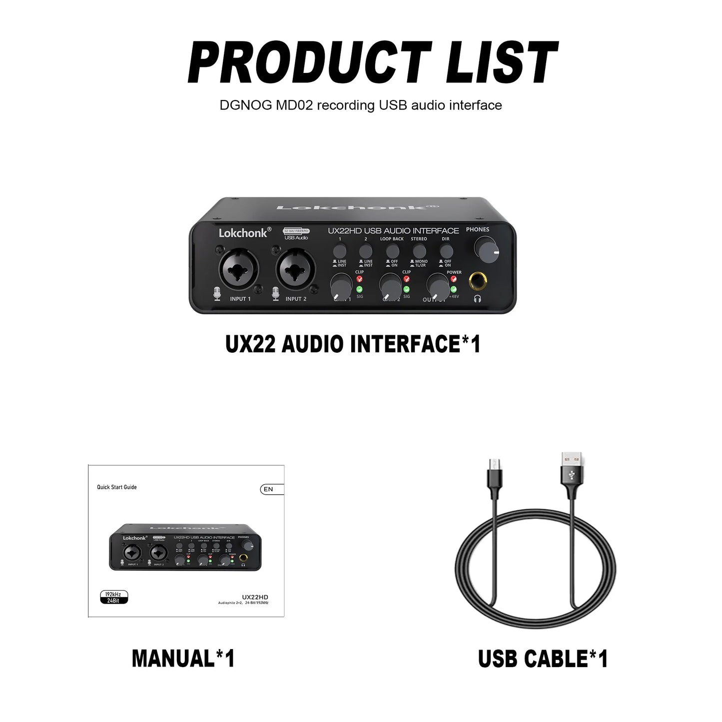 UX22 Audio Interface Sound Card – 32-bit/192KHz AD Converter for Electric Guitar, Live Recording, Studio Singing & Podcast