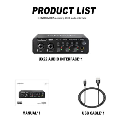 UX22 Audio Interface Sound Card – 32-bit/192KHz AD Converter for Electric Guitar, Live Recording, Studio Singing & Podcast