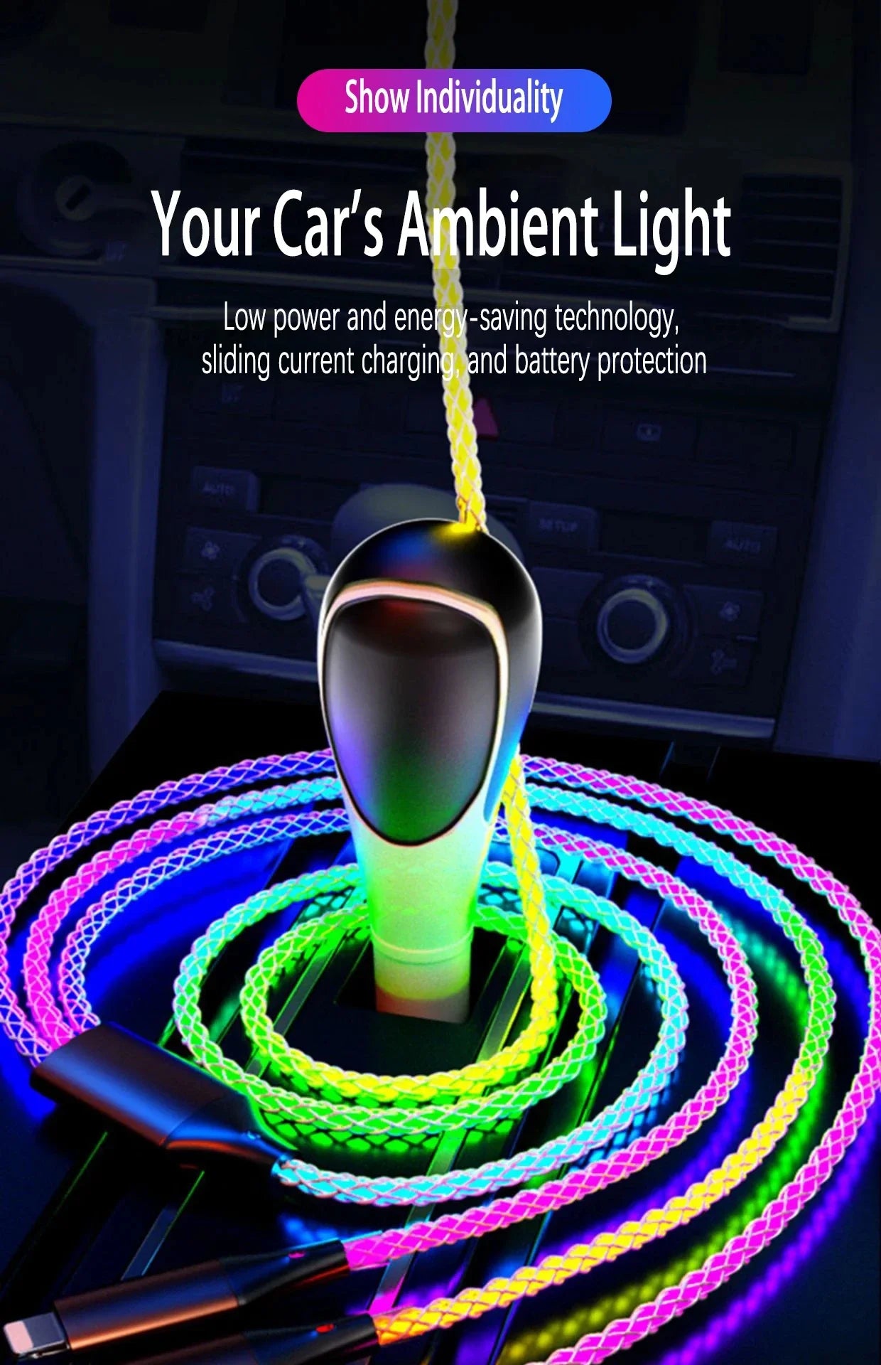 6A RGB 3-in-1 Fast Charging Cable – Colorful Breathing Light USB Data Cord for Car & Universal Use