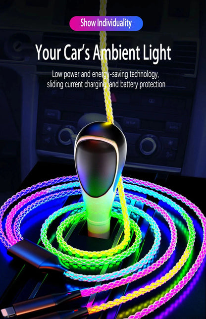 6A RGB 3-in-1 Fast Charging Cable – Colorful Breathing Light USB Data Cord for Car & Universal Use