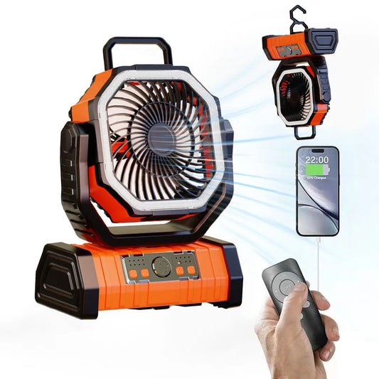 20000mAh Portable Rechargeable Fan — Battery-Operated Desk & Camping Fan with LED Light & Hook for Tent, Car, and Outdoor Trips