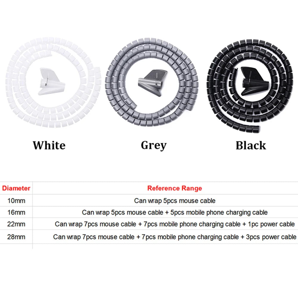 2M Flexible Spiral Cable Wire Protector | 16/10mm Diameter | Computer Cord Protective Tube | Clip Organizer Management Tools
