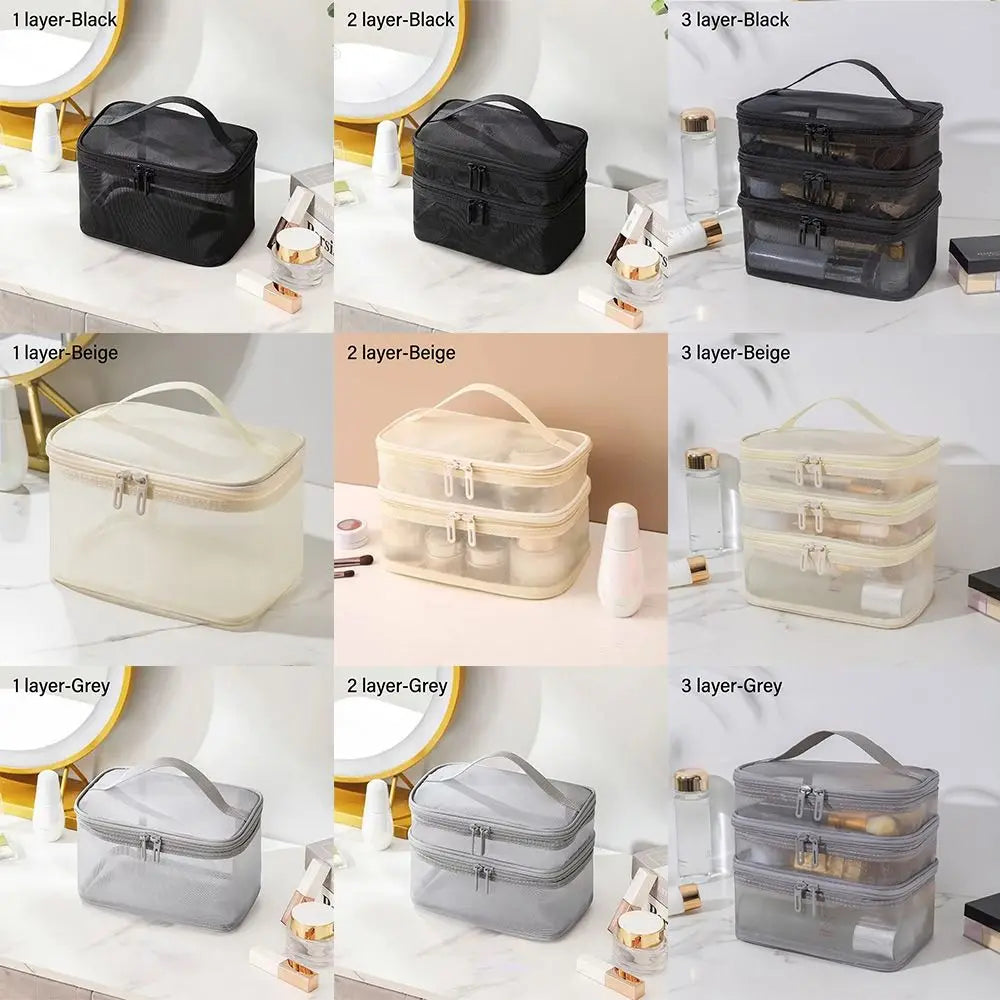 Fashion Transparent Mesh Travel Cosmetic Bag — 1/2/3 Layer Large-Capacity Makeup Organizer & Women’s Toiletry Bag