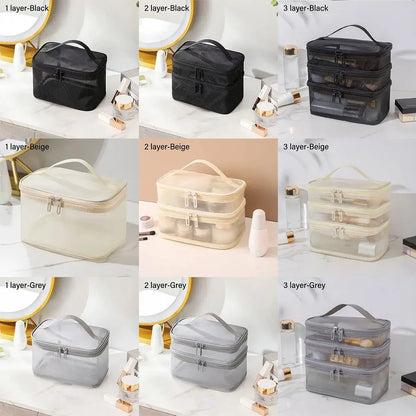 Fashion Transparent Mesh Travel Cosmetic Bag — 1/2/3 Layer Large-Capacity Makeup Organizer & Women’s Toiletry Bag