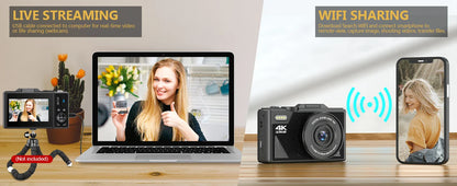 4K Camera for Photography – 18X Digital Zoom, 64MP Vlogging Camcorder, 3'' Flip Screen, WIFI Selfie Webcam for YouTube