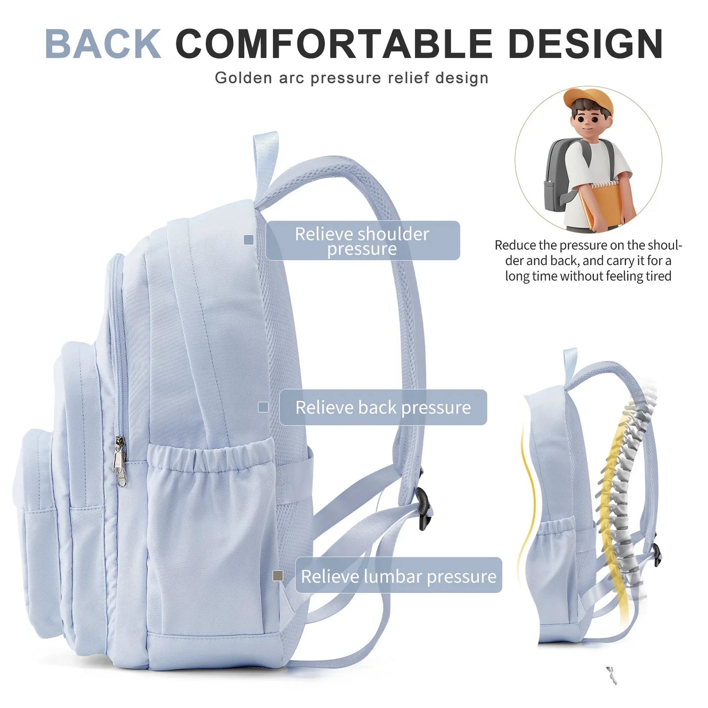 Light Blue Casual Nylon Backpack for Women – Multi-Pocket Durable School, College & Travel Bookbag with Spacious Design