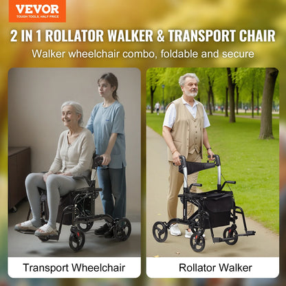 VEVOR 2-in-1 Rollator Walker & Transport Chair – Folding Aluminum Mobility Walker and Wheelchair Combo for Seniors