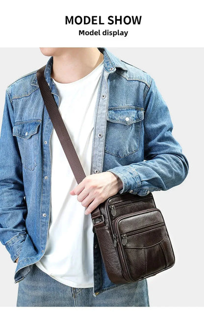 Men’s Genuine Leather Crossbody Bag – Small Outdoor Casual Bag for Motorcycle and Daily Use