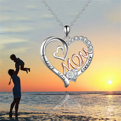 Love Heart Mom Pendant Necklace - Elegant White K-Plated Jewelry Gift for Mother’s Day & Special Moments