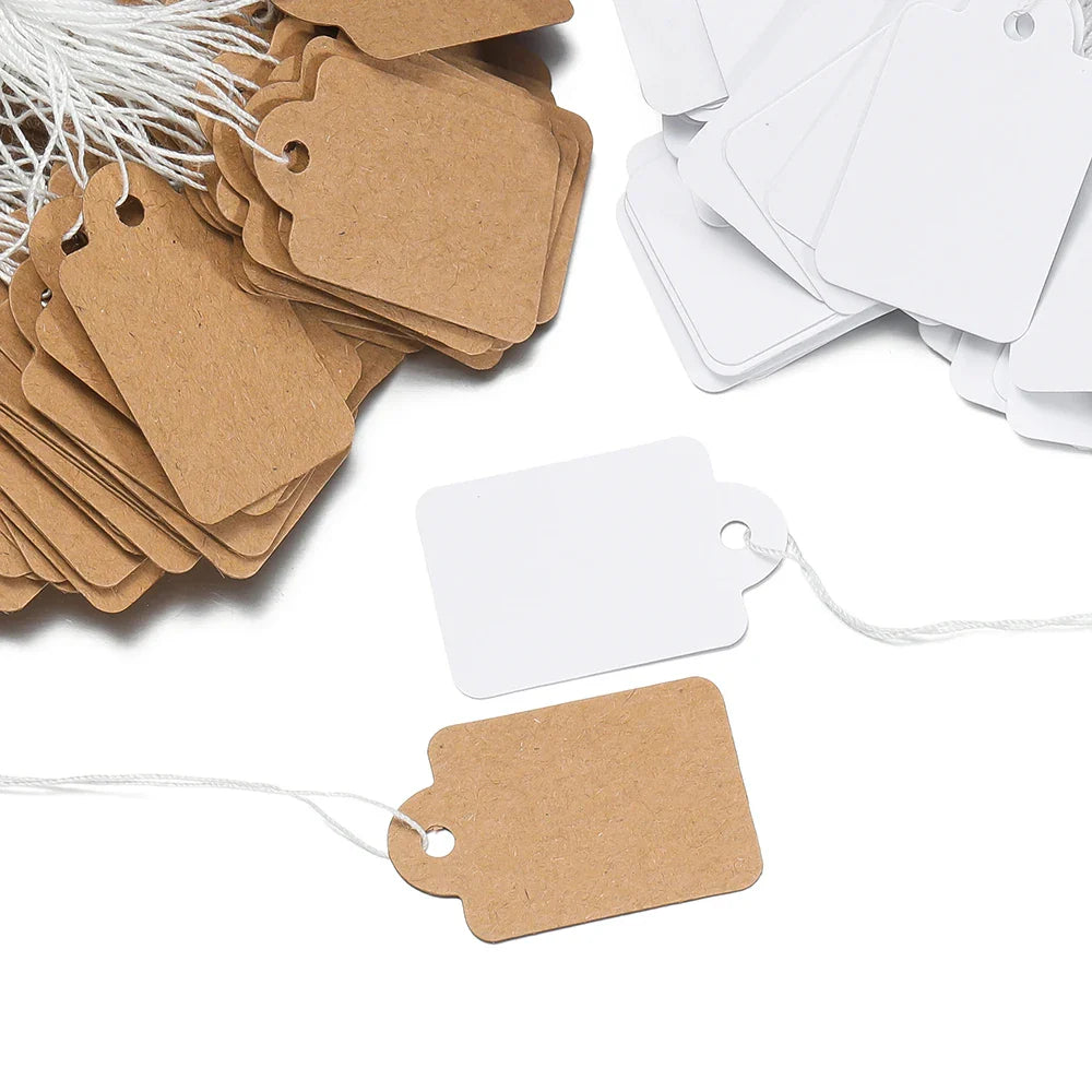100PCS Price Label Tags — Rectangular Blank Paper Cards with String Tie for Watch & Jewelry Display Merchandise