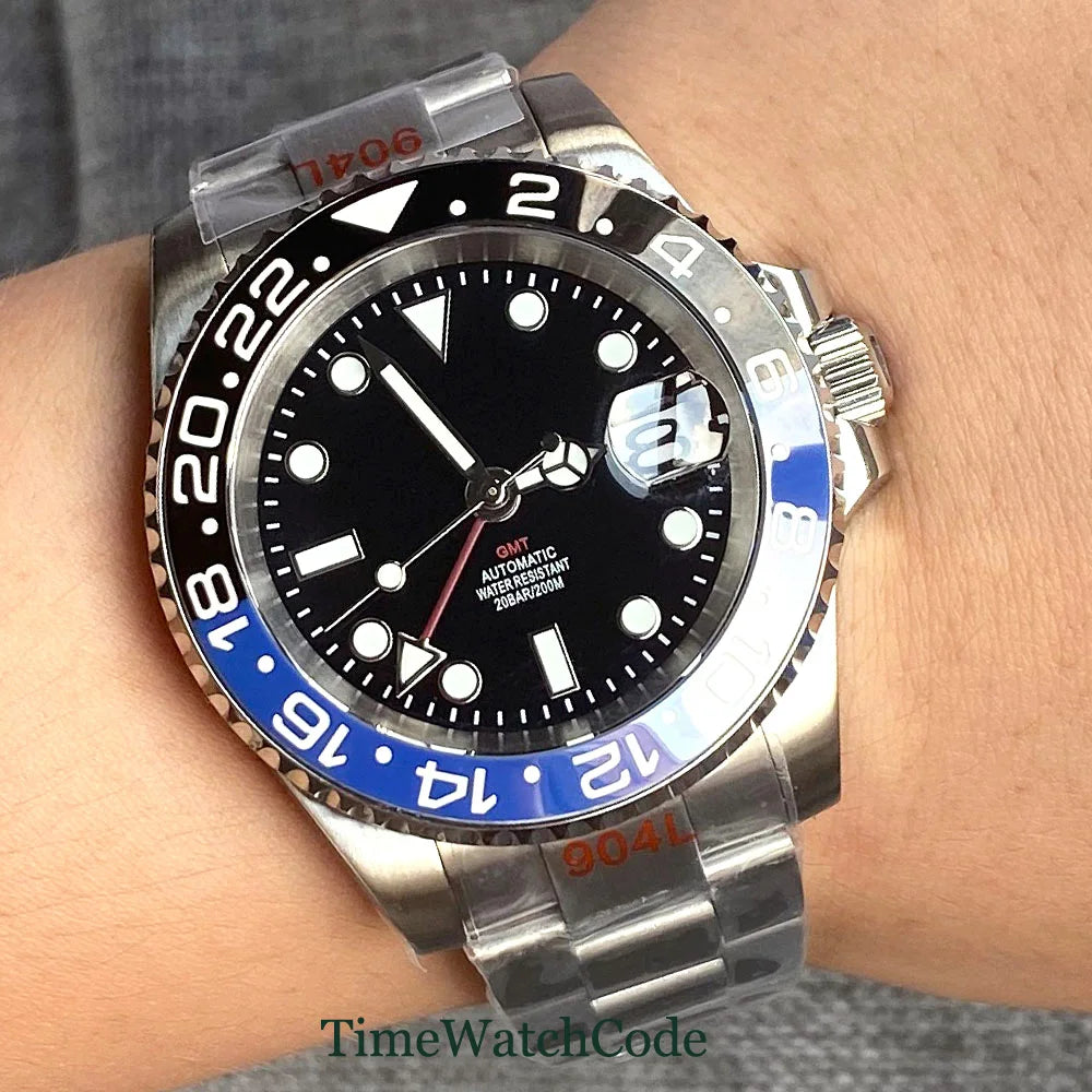 Tandorio 40mm Men’s Automatic Watch – NH34A Movement, GMT Function, Luminous Black Dial, Sapphire Crystal, Auto Date & Rotating Bezel