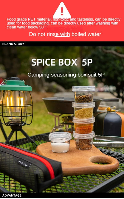 Portable Travel Camping Spice Kit | Bag with 5 Clear Seasoning Bottles & Condiment Container Set
