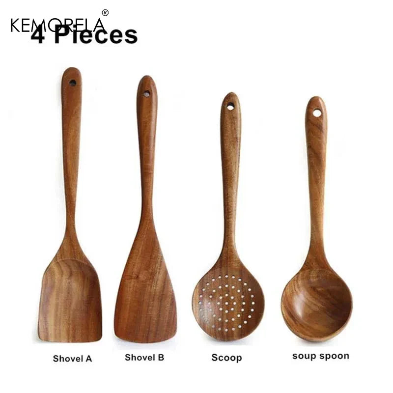 4/7/9PCS Teak Wooden Cooking Spoons Set – Kitchen Utensils with Holder