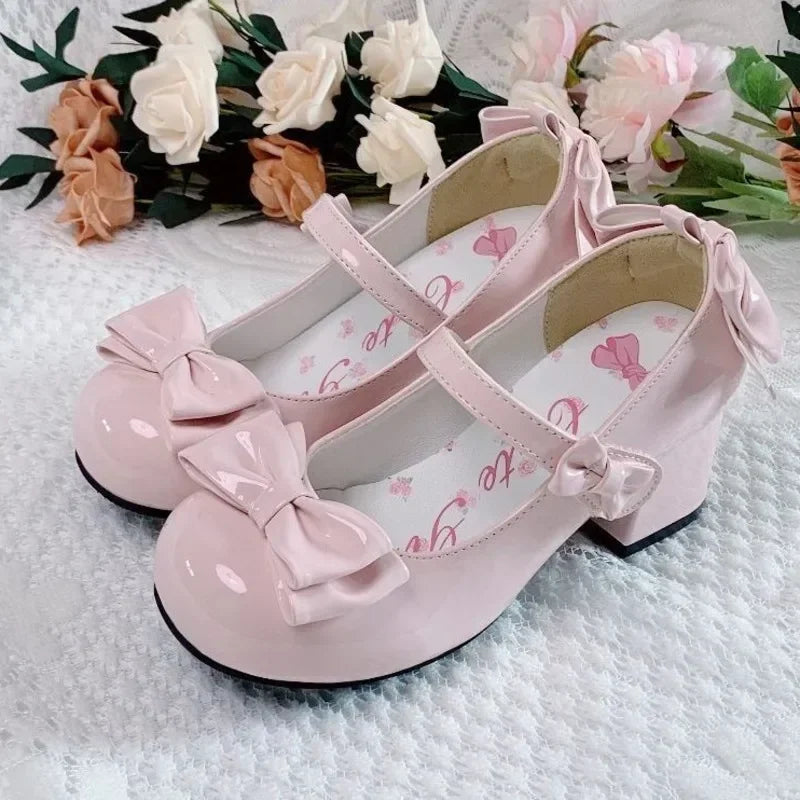 2024 Lolita Style Round Toe Mary Jane Pumps – Cute Bow Midi Heels for Women, Sweet Party PU Shoes