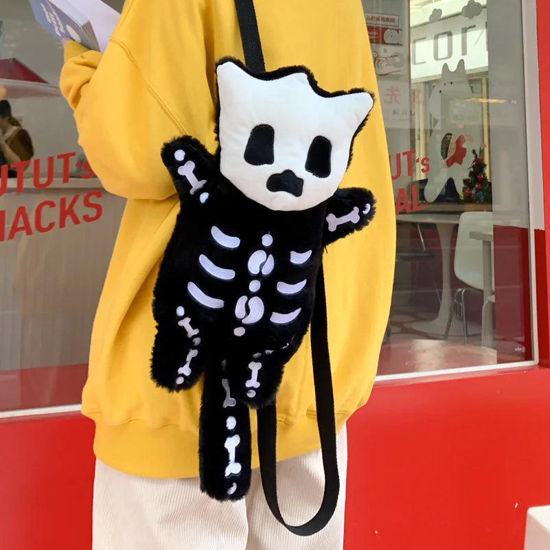 Skull Plush Gothic Backpack – Furry Winter Water Bottle Bag, Skeleton Doll Shape for Women, Birthday Gift