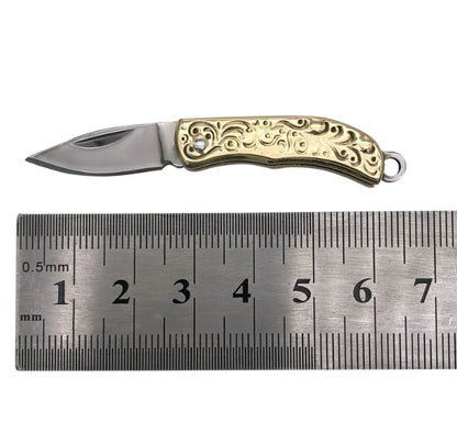 Mini Brass Knife Keychain - Stainless Steel Folding Cleaver Pendant Pocket Tool