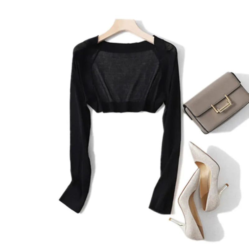 Women’s Long Sleeve Crop Cardigan – Open Front Knit Shrug Sweater Jacket Plain Summer Fairycore Teen Girl Outfit Top