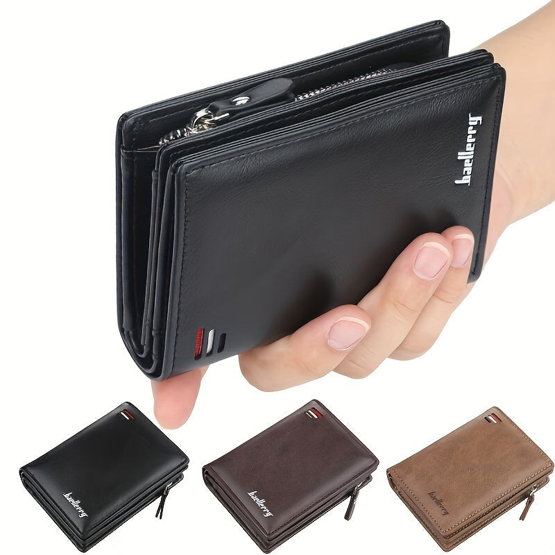 Men’s PU Leather Short Wallet – Vintage Zipper Coin Pocket, Large Capacity Money & Card Holder