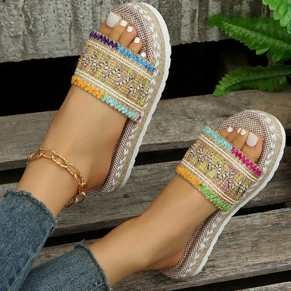 Bohemian Weave Women's Platform Slippers – Handmade Espadrille Sandals, Summer 2023 Beach & Casual Heels