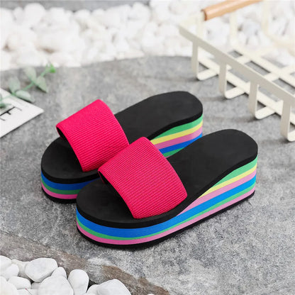 Summer Women’s Rainbow Bohemian Clip Toe Flip Flops – Non-Slip Wedge Beach Sandals