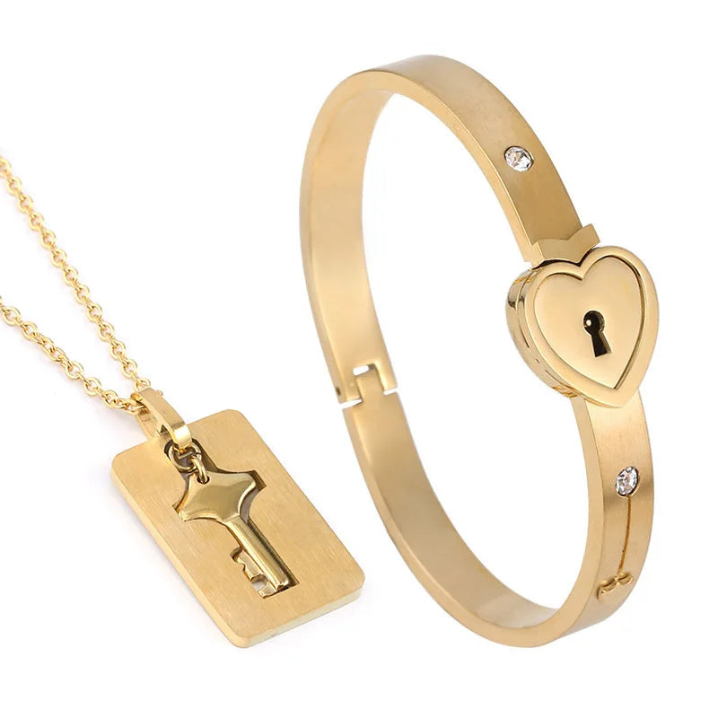 Couple Stainless Steel Love Lock Bracelet & Key Pendant Necklace – Romantic Jewelry Gift for Men and Women