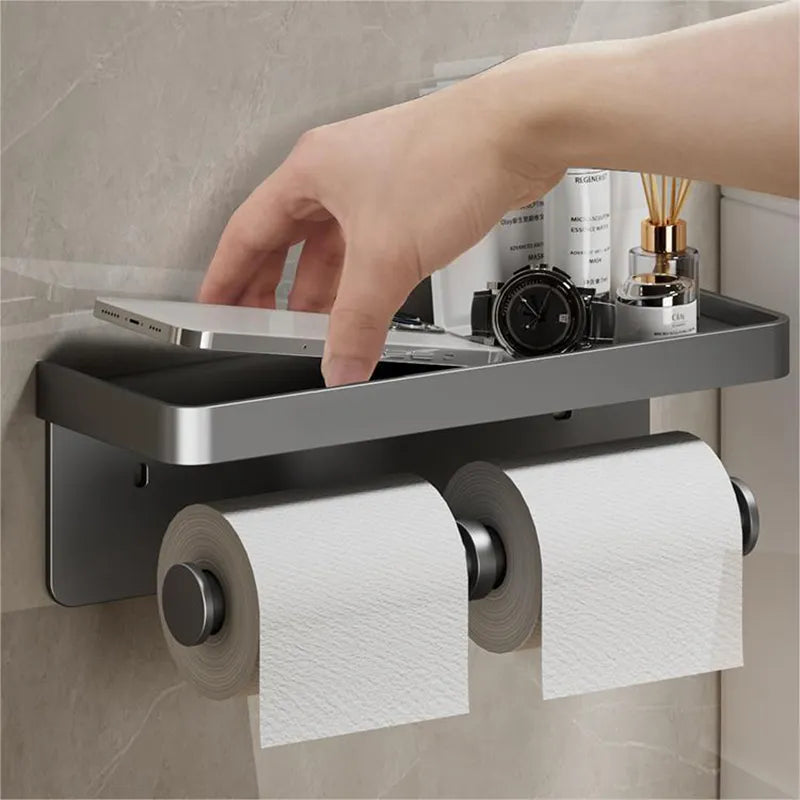 Large Wall-Mounted Toilet Paper Holder with Storage Tray and Phone Stand - Bathroom Accessories, Toilet Organizer