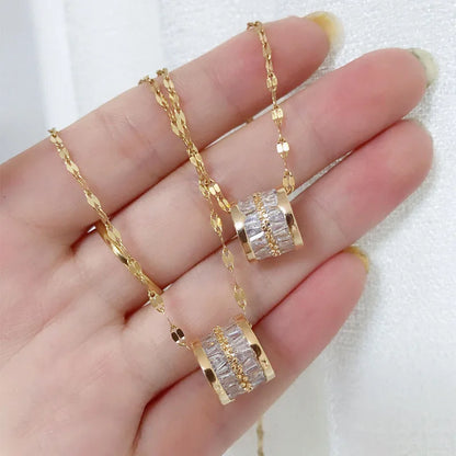 3 Color Lucky Beads Pendant Necklace – Stainless Steel & Sparkly Zircon Jewelry for Women