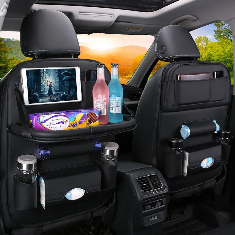 Car Seat Back Organizer with Foldable Table Tray – PU Leather Storage Organizer with Pockets & Kick Mats