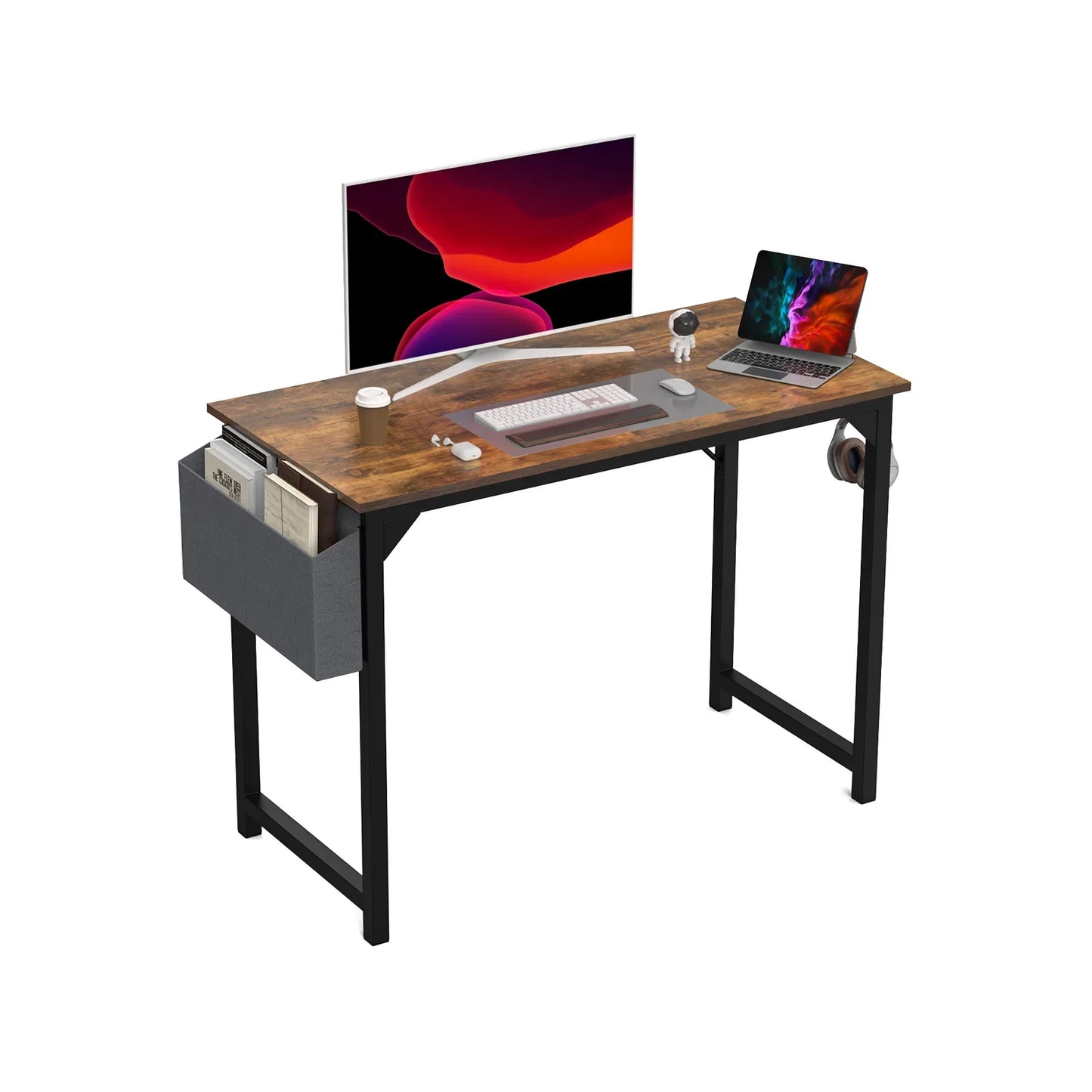 Computer Desk – Modern Compact Writing & Gaming Table with Side Bag, Headphone Hook, Easy Assembly