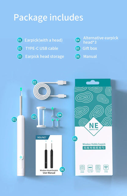 Smart Visual Ear Cleaner 1296P with Camera – USB-C Rechargeable Ear Wax Removal Tool, WiFi, 6 LED Lights