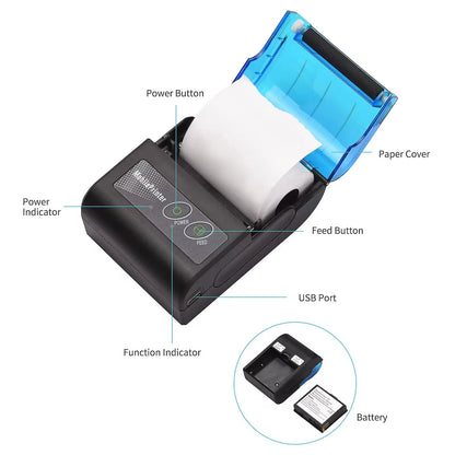 58mm Portable Thermal Receipt Printer – Mini Wireless Bluetooth Ticket & Bill Printer for Android, iOS & Windows