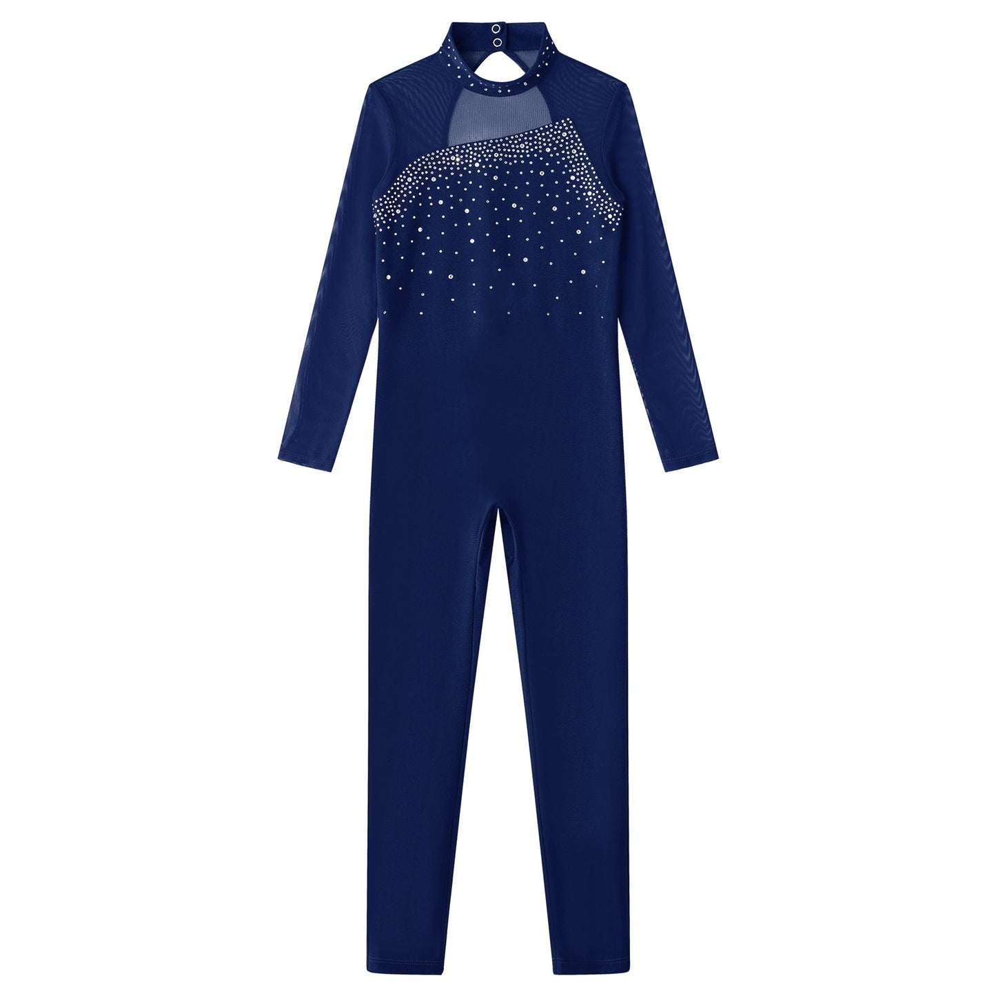 Kids Girls Long Sleeve Rhinestone Bodysuit — Full Body Dancewear Gymnastics Leotard Skating Jumpsuit