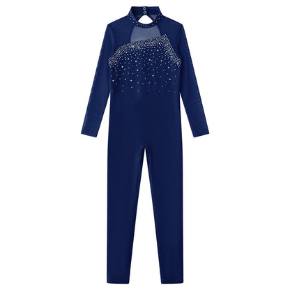 Kids Girls Long Sleeve Rhinestone Bodysuit — Full Body Dancewear Gymnastics Leotard Skating Jumpsuit