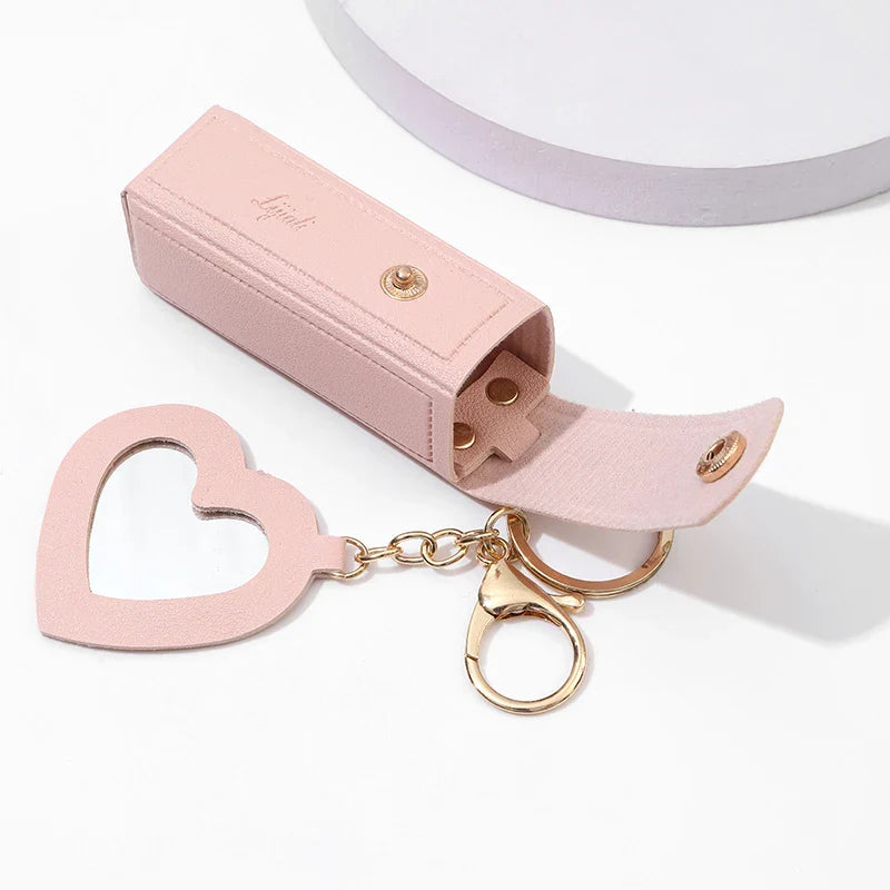 Portable Leather Lipstick Bag – Makeup Pouch with Mirror, Lip Balm Holder & Keychain Cover
