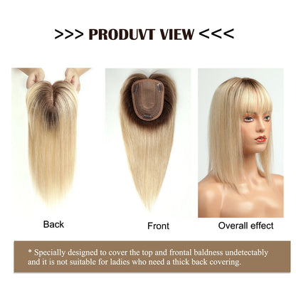 Ombre Brown Blonde Remy Human Hair Topper – 14 Inch Silk Base Clip-In Wig with Bangs for Women
