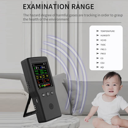 9-in-1 Air Quality Detector – Digital LCD Monitor for PM2.5, PM10, HCHO, TVOC, CO, CO2, AQI, Temperature, and Humidity