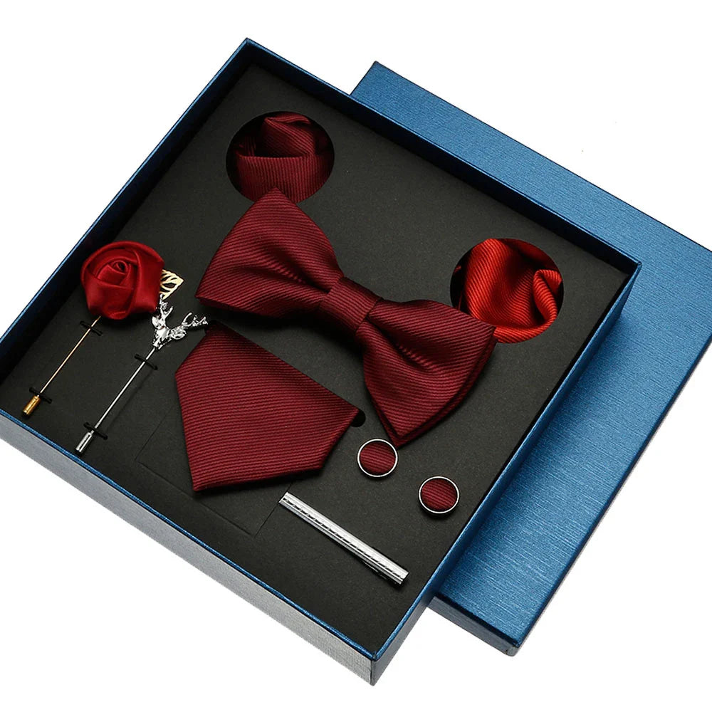 Red & Blue Classic Silk Tie Set for Men - Pocket Square & Cufflinks, Solid Color Necktie for Parties & Weddings
