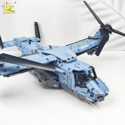HUIQIBAO MOC 1389PCS V-22 Tiltrotor Aircraft Building Blocks – Military Helicopter Model Toy for Kids & Home Decor
