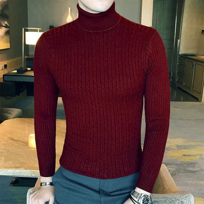 Men's Autumn Winter Turtleneck Pullover - Warm Solid Color Slim Fit Knitted Sweater and Bottoming Shirt
