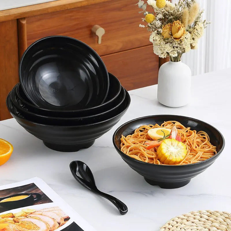 Premium Pure Black Large Striped Bowl - High Capacity & Heat Resistant, Stylish and Durable