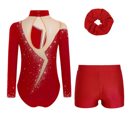Kids Girls Long-Sleeve Ballet Leotard with Body Shorts & Hair Band — Gymnastics Dance Bodysuit