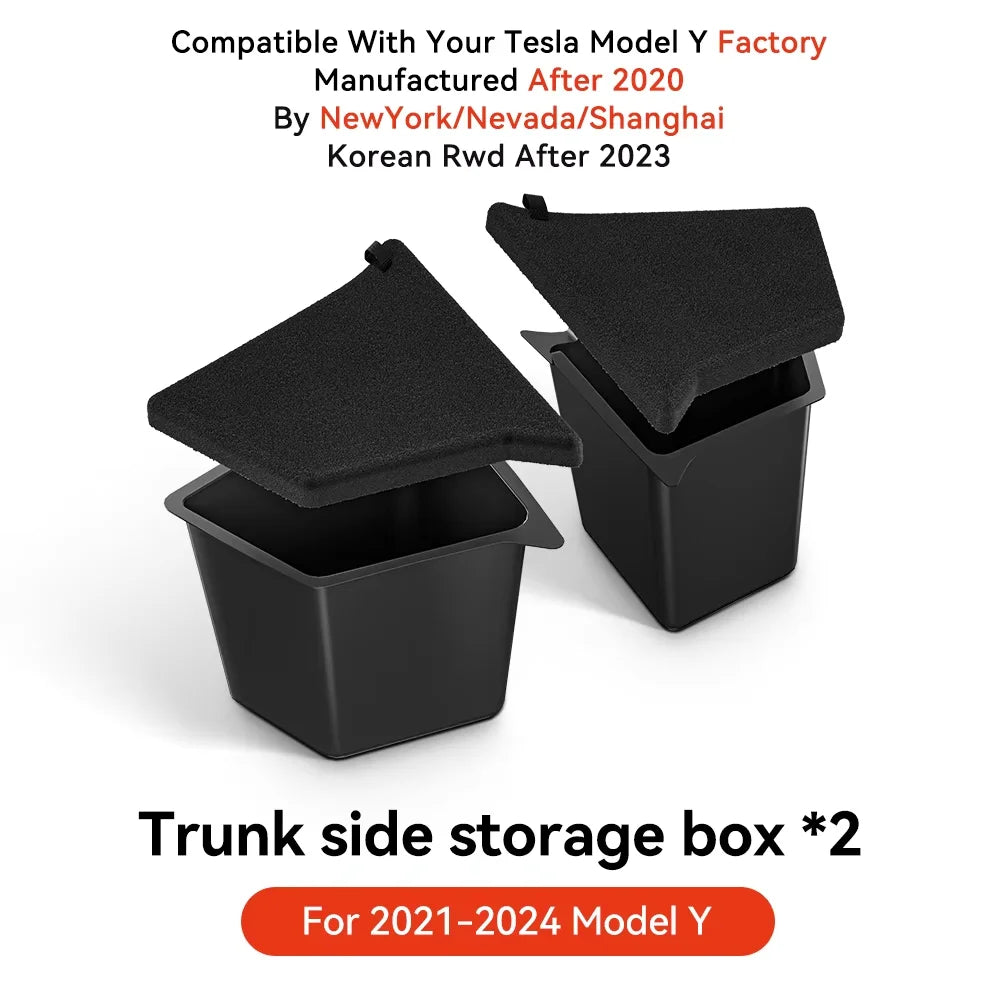 YZ Car Trunk Side Storage Box – Left & Right Organizer for Tesla Model Y Juniper 2021-2025 with Flocking Mat Cover