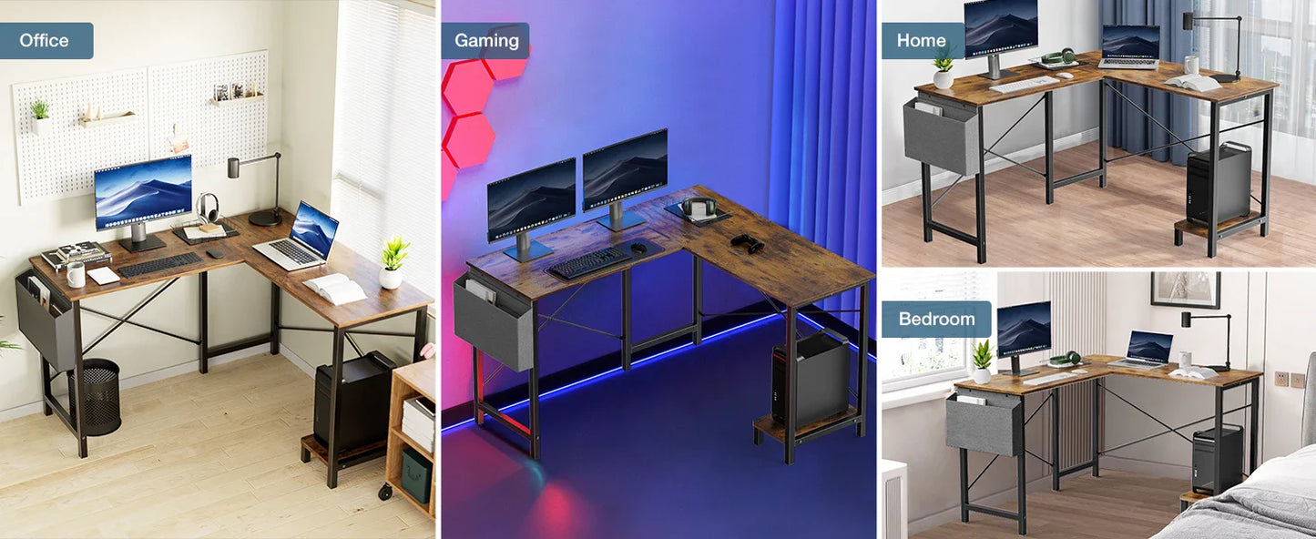50-Inch Gaming Corner Desk – Wooden Office Writing Table with CPU Storage Shelf & Side Bag for Small Spaces