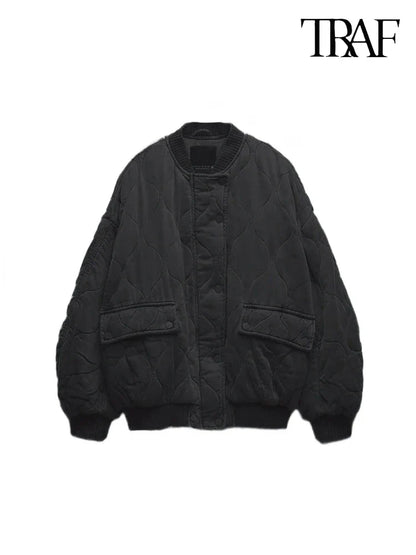 TRAF Women’s Quilted Aviator Jacket – Solid Color Round Collar Long Sleeve Casual Coat