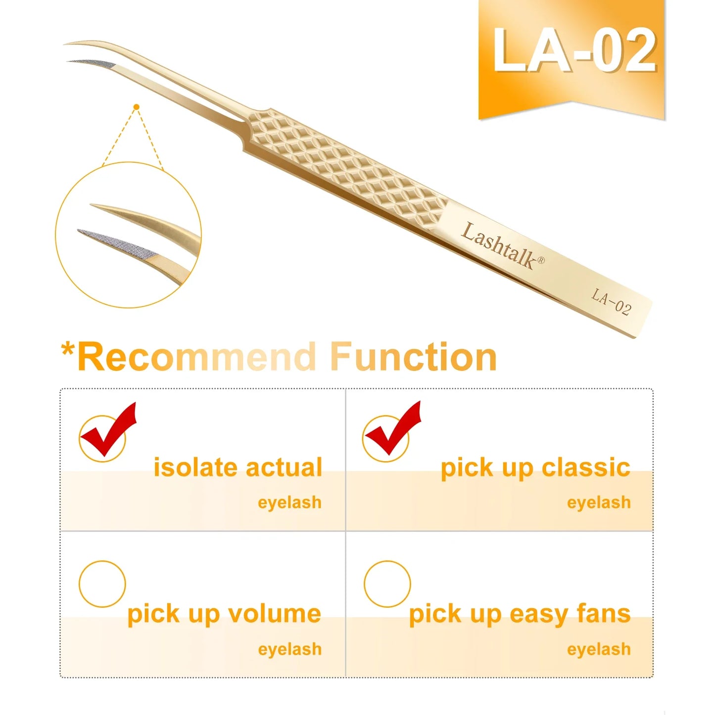 Lashtalk Precision Fiber Tip Tweezer - Diamond Grip Anti-Slip Gold Stainless Steel for Eyelash Extensions Makeup by Nagaraku