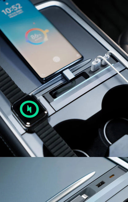 Tesla Model 3/Y USB Hub – 27W 3-in-1 Docking Station with Retractable Cable & Apple Watch Wireless Charging