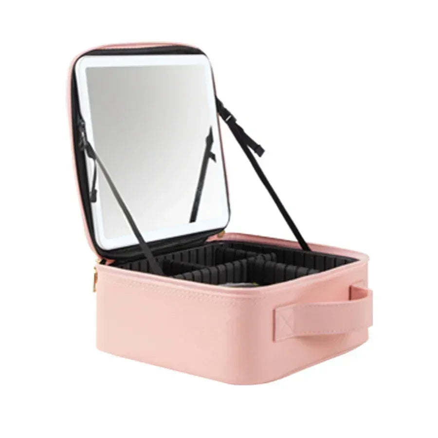 LED Lighted Cosmetic Case with Mirror - PU Leather Portable Travel Makeup Bag - Waterproof Makeup Storage