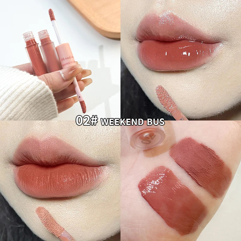 Double-End Lip Glaze – Glossy Mirror & Matte Velvet, Long-Lasting Color & Moisture, Anti-Stain Lip Gloss Cosmetic