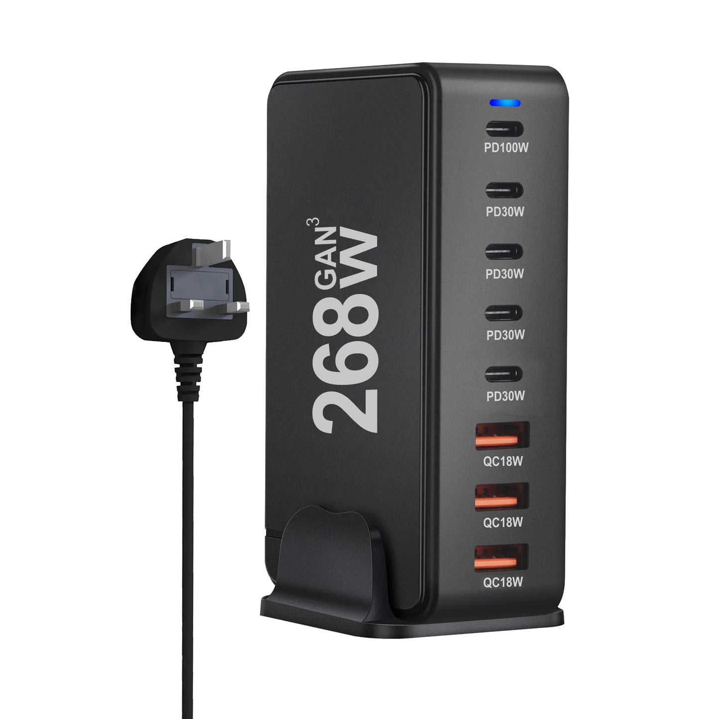 268W Desktop GaN Charger – 8-Port USB Type-C PD Fast Charger with Quick Charge 3.0 for Mobile Devices