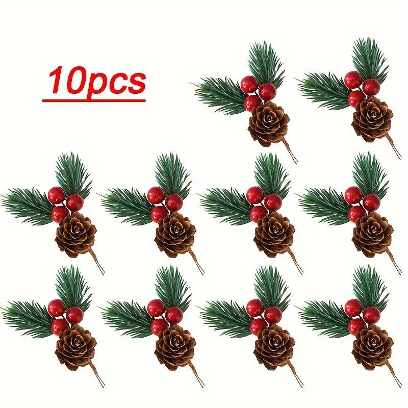 10pcs Artificial Pine Cones & Red Berries – Christmas Tree Toppers & Holiday Decor Set